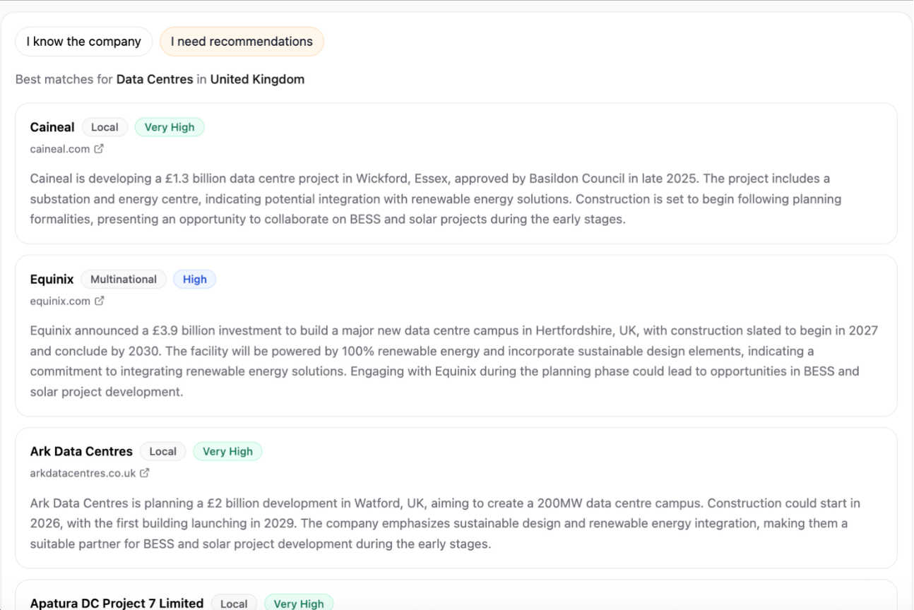 Greenvi AI — recommended companies matched to your goal, country and technology